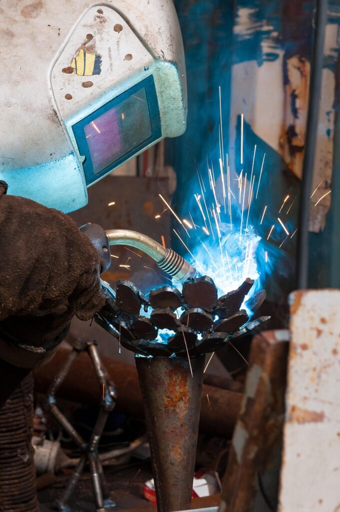 artisan, blacksmith, iron, welding machine, sparks, mask, art, artist
